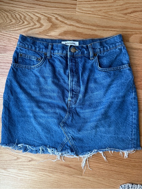 Reformation Dresses & Skirts - Reformation Denim Mini Skirt Medium Wash Raw Frayed Hem High Rise - Size 29